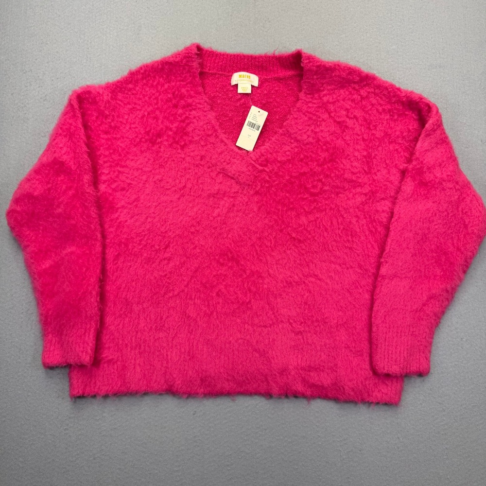 Maeve by Anthropologie Pink V-Neck Fuzzy Merino Wool Blend Sweater Small NEW
